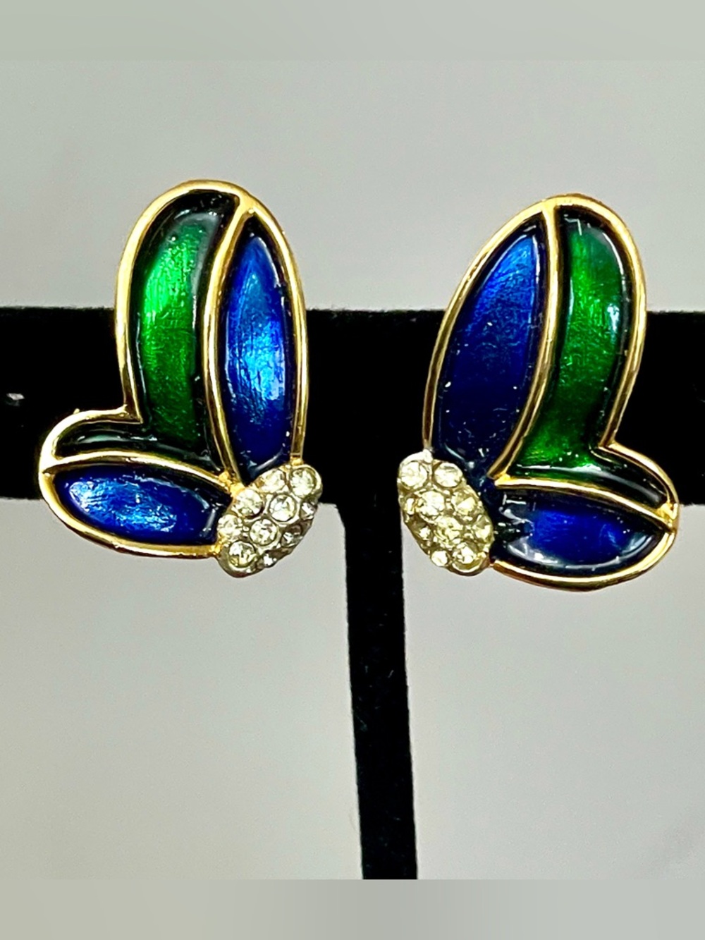Vintage 80s Enamel Butterfly Clip Earrings Blue Green Rhinestone Colorful Wings